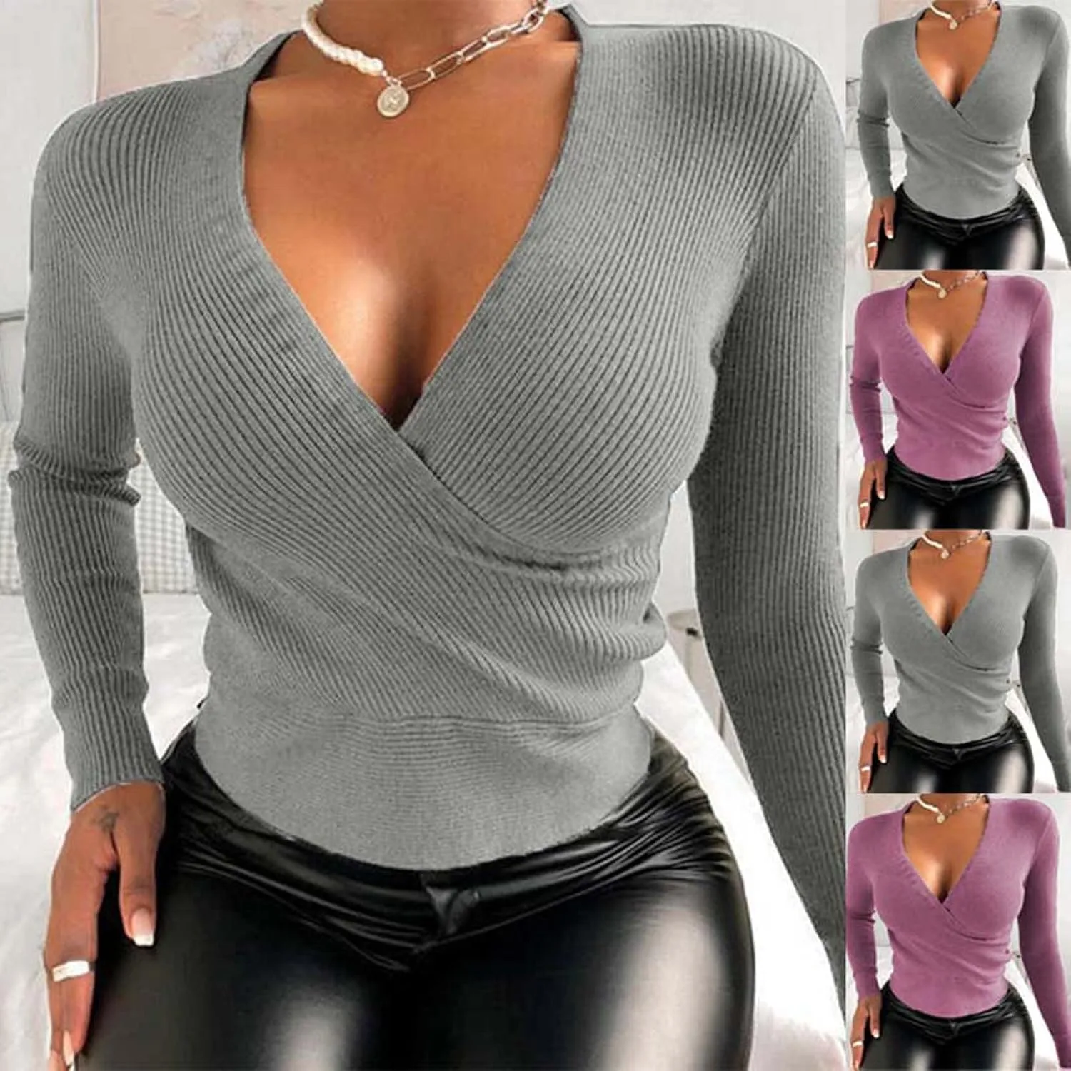 Women's Jumper Tops Sweater Knitwear Cross Wrap Ruched Plunge Sexy Deep V Neck Slim Long Sleeve T Shirt Tunic Tops Tee