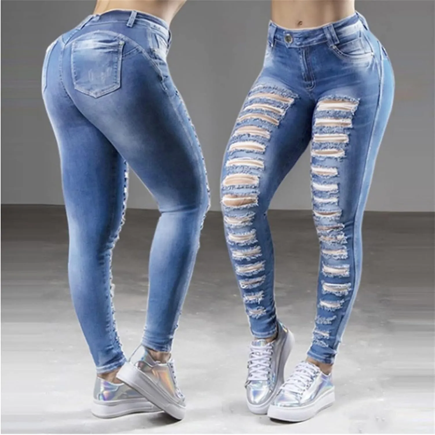 Womens Juniors High Waist Ripped Jeans Distressed Butt Lifting Skinny Jeans Stretchy Destroyed Denim Pants Trousers (Medium,Light Blue)
