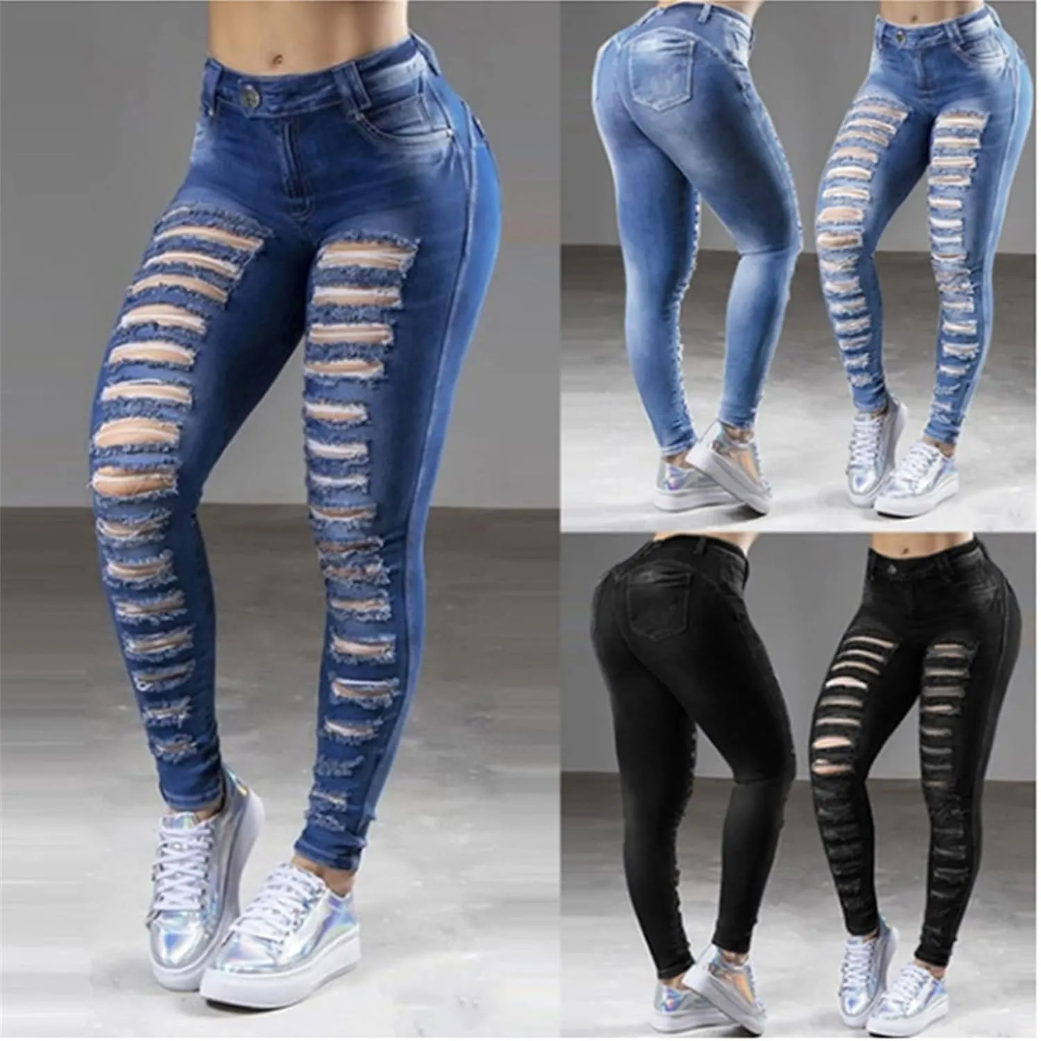 Womens Juniors High Waist Ripped Jeans Distressed Butt Lifting Skinny Jeans Stretchy Destroyed Denim Pants Trousers (Medium,Light Blue)