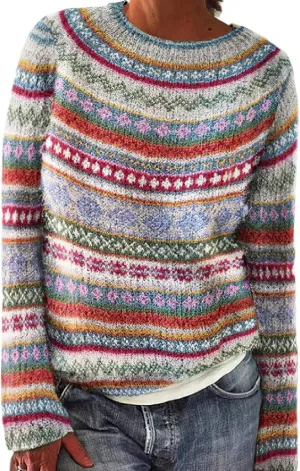 Womens Knitted Fair Isle Print Retro Sweater Long Sleeve Crewneck Sweater Ugly Christmas Fall Sweaters for Women 2024