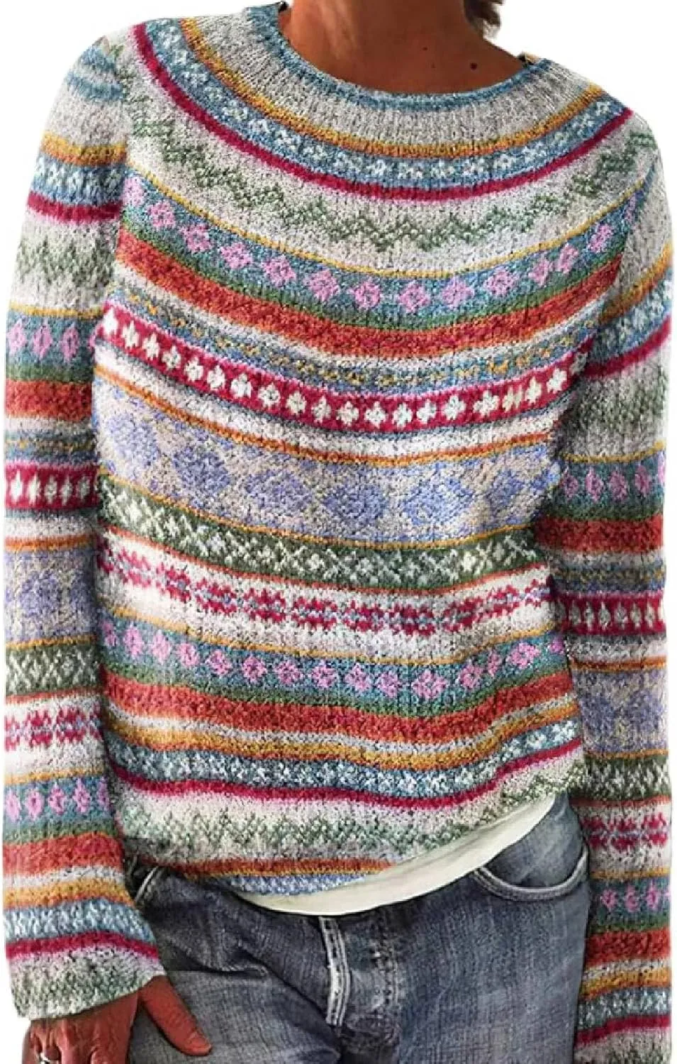 Womens Knitted Fair Isle Print Retro Sweater Long Sleeve Crewneck Sweater Ugly Christmas Fall Sweaters for Women 2024