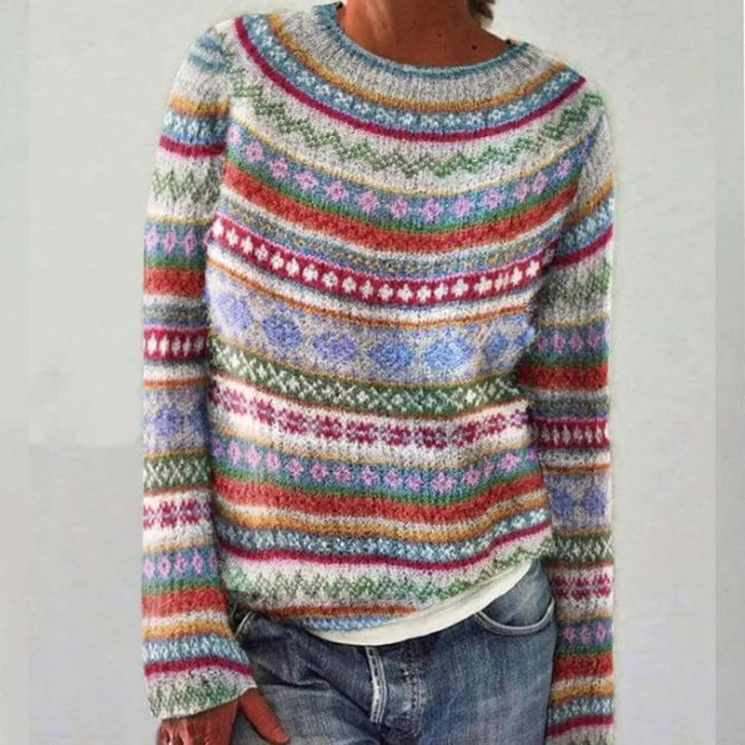 Womens Knitted Fair Isle Print Retro Sweater Long Sleeve Crewneck Sweater Ugly Christmas Fall Sweaters for Women 2024