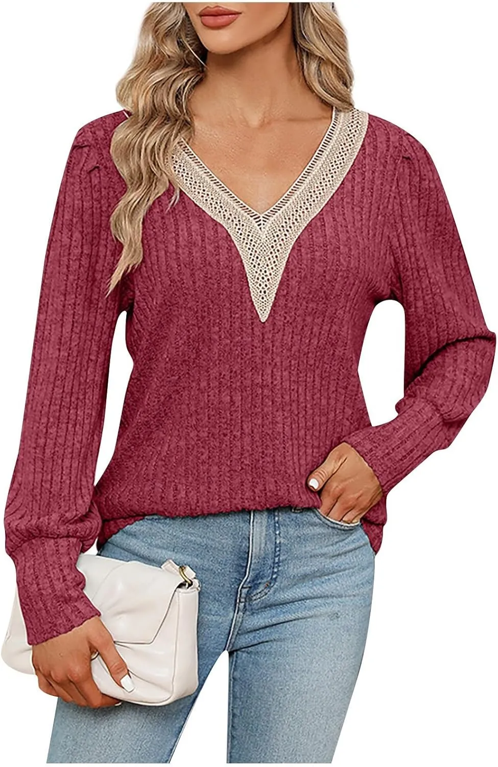 Womens Lace V Neck Sweaters Long Sleeve Tunic Tops Shirts Fall Winter Causal Blouses Pullover Sweaters Trendy