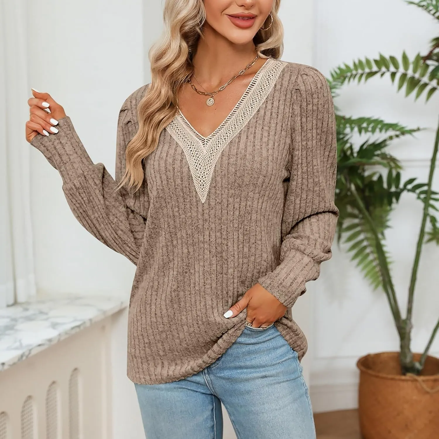 Womens Lace V Neck Sweaters Long Sleeve Tunic Tops Shirts Fall Winter Causal Blouses Pullover Sweaters Trendy