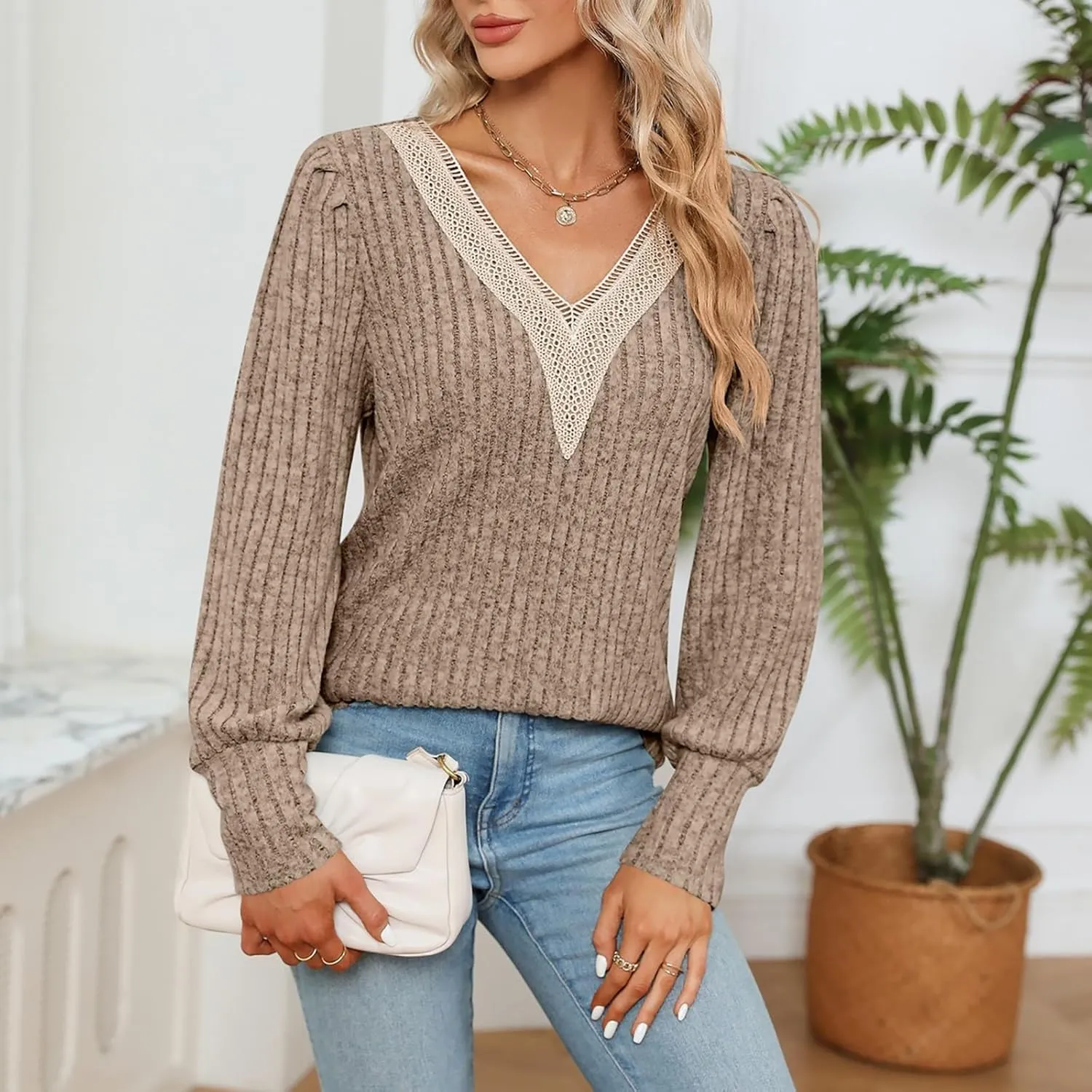 Womens Lace V Neck Sweaters Long Sleeve Tunic Tops Shirts Fall Winter Causal Blouses Pullover Sweaters Trendy