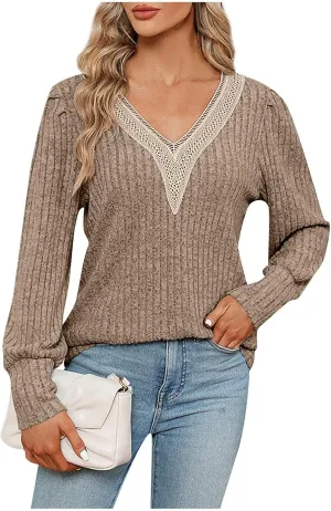 Womens Lace V Neck Sweaters Long Sleeve Tunic Tops Shirts Fall Winter Causal Blouses Pullover Sweaters Trendy