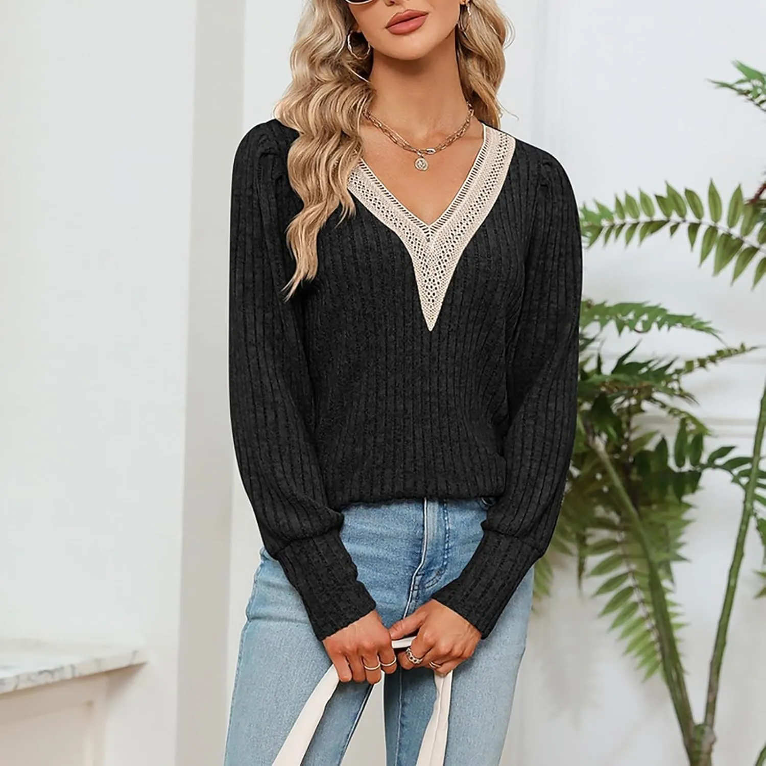 Womens Lace V Neck Sweaters Long Sleeve Tunic Tops Shirts Fall Winter Causal Blouses Pullover Sweaters Trendy