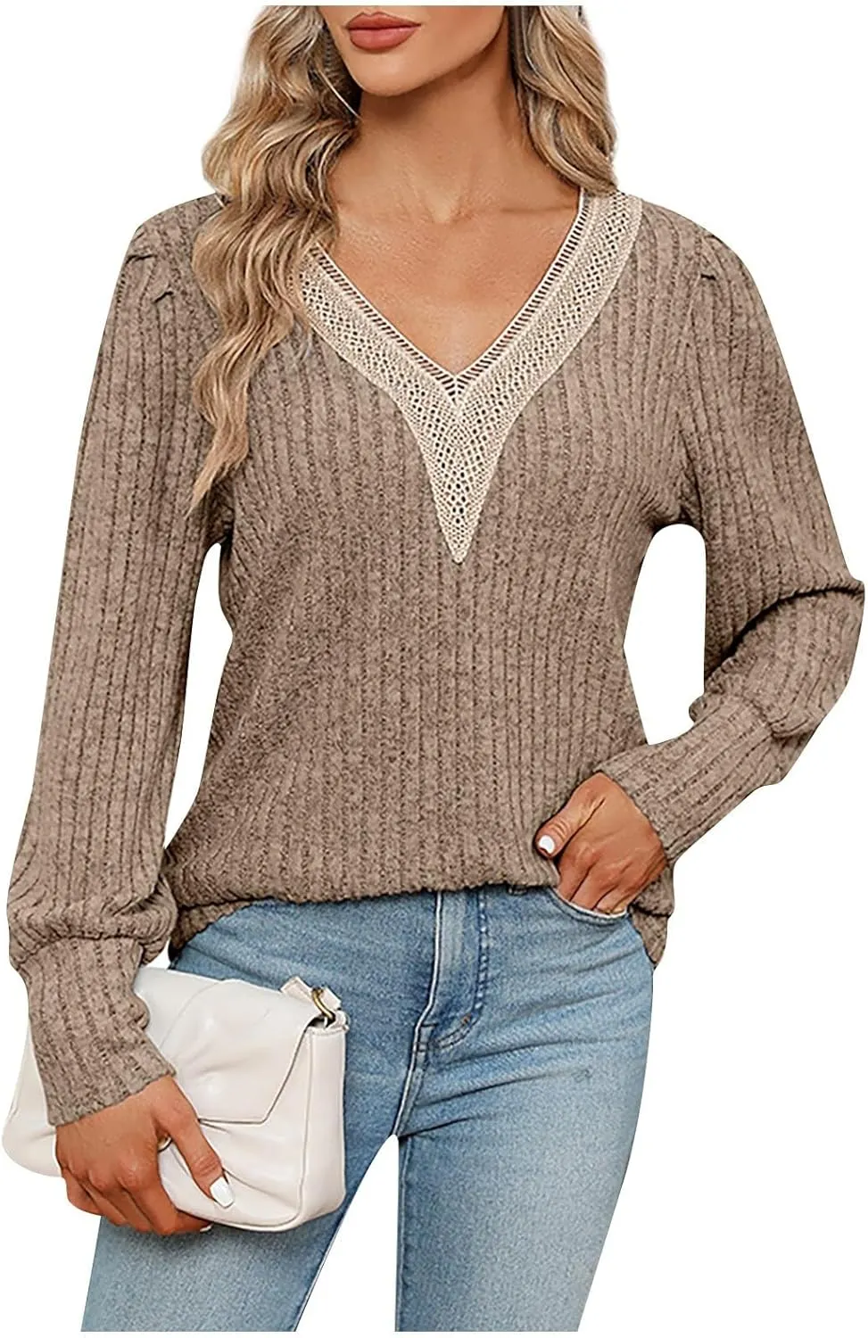 Womens Lace V Neck Sweaters Long Sleeve Tunic Tops Shirts Fall Winter Causal Blouses Pullover Sweaters Trendy