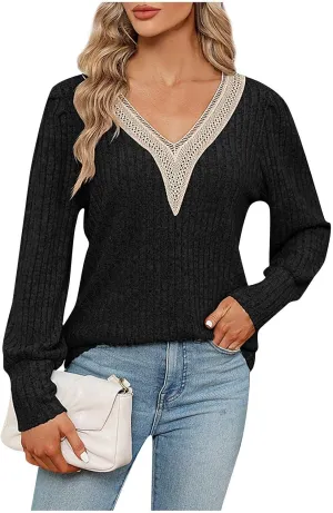 Womens Lace V Neck Sweaters Long Sleeve Tunic Tops Shirts Fall Winter Causal Blouses Pullover Sweaters Trendy