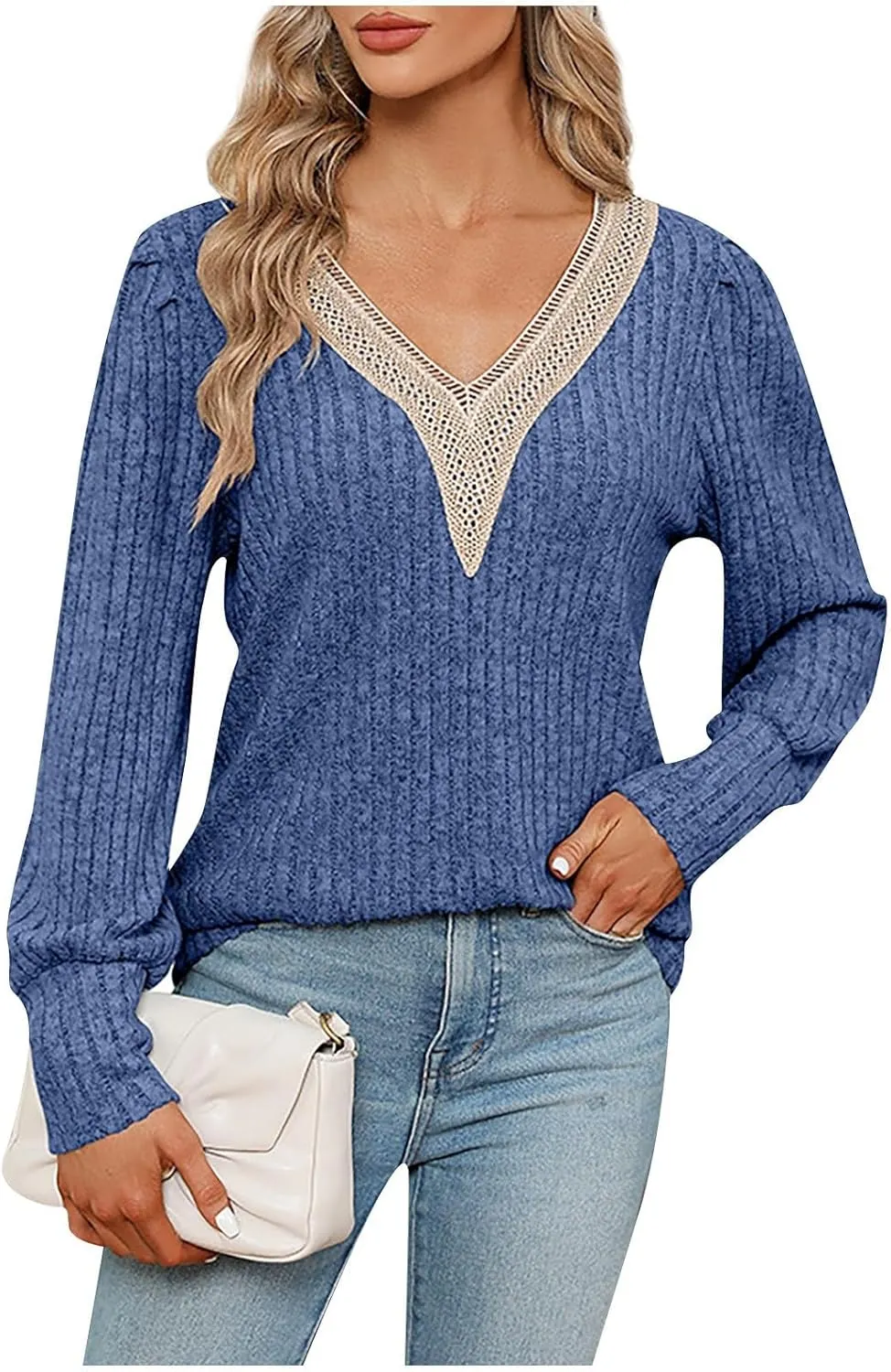 Womens Lace V Neck Sweaters Long Sleeve Tunic Tops Shirts Fall Winter Causal Blouses Pullover Sweaters Trendy