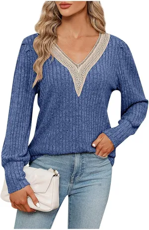 Womens Lace V Neck Sweaters Long Sleeve Tunic Tops Shirts Fall Winter Causal Blouses Pullover Sweaters Trendy