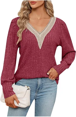 Womens Lace V Neck Sweaters Long Sleeve Tunic Tops Shirts Fall Winter Causal Blouses Pullover Sweaters Trendy