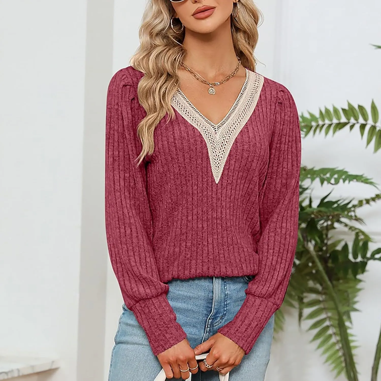 Womens Lace V Neck Sweaters Long Sleeve Tunic Tops Shirts Fall Winter Causal Blouses Pullover Sweaters Trendy
