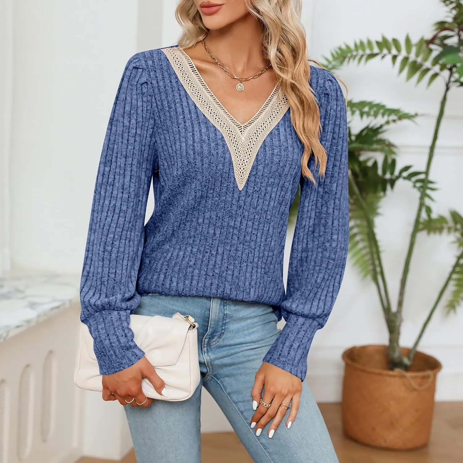 Womens Lace V Neck Sweaters Long Sleeve Tunic Tops Shirts Fall Winter Causal Blouses Pullover Sweaters Trendy