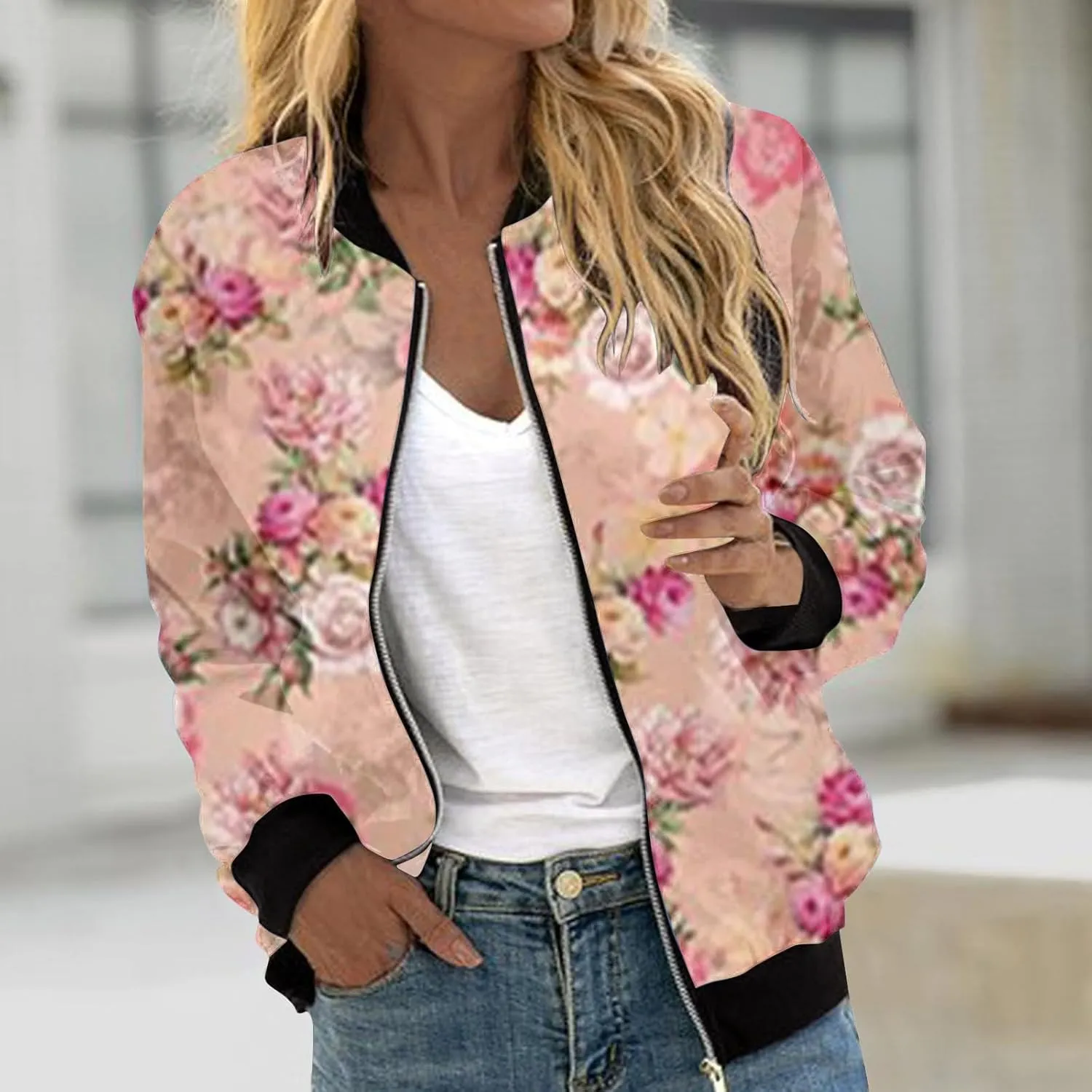 Womens Lightweight Bomber Biker Jacket Zip Up Windbreaker Crop Bomber Jacket Coat with Pockets 2024 Fall Outfits