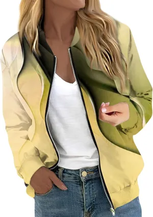 Womens Lightweight Bomber Jacket Casual Long Sleeve Fall Zip Up Coat Casual Floral Print Lightweight Fall Windbreaker