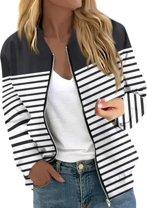 Womens Lightweight Bomber Jacket Casual Long Sleeve Fall Zip Up Coat Casual Floral Print Lightweight Fall Windbreaker