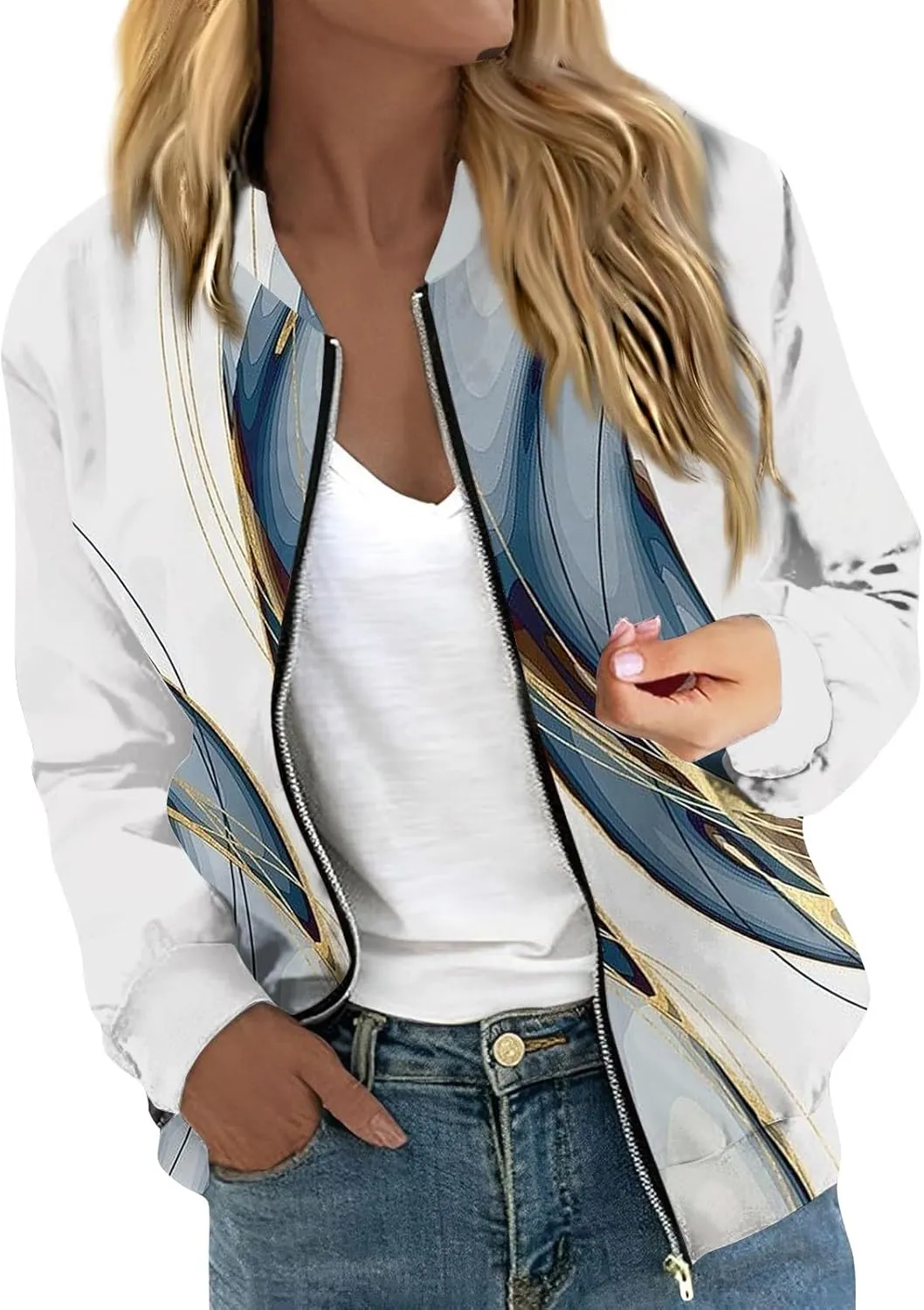 Womens Lightweight Bomber Jacket Casual Long Sleeve Fall Zip Up Coat Casual Floral Print Lightweight Fall Windbreaker