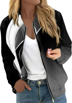 Womens Lightweight Bomber Jacket Casual Long Sleeve Fall Zip Up Coat Casual Floral Print Lightweight Fall Windbreaker