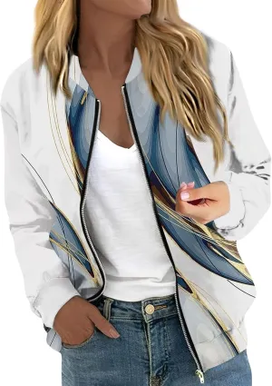 Womens Lightweight Bomber Jacket Casual Long Sleeve Fall Zip Up Coat Casual Floral Print Lightweight Fall Windbreaker