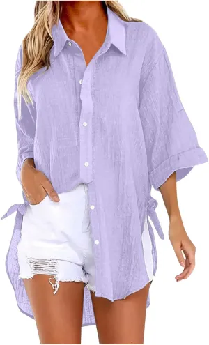 Womens Linen Button Down Shirts Business Casual Shirts Plus Size Lapel Collar Shirt Dressy Loose Fitting Tops Blouse