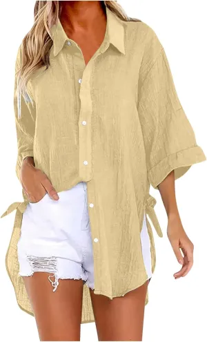 Womens Linen Button Down Shirts Business Casual Shirts Plus Size Lapel Collar Shirt Dressy Loose Fitting Tops Blouse