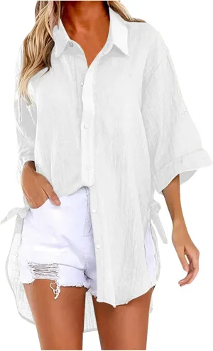 Womens Linen Button Down Shirts Business Casual Shirts Plus Size Lapel Collar Shirt Dressy Loose Fitting Tops Blouse