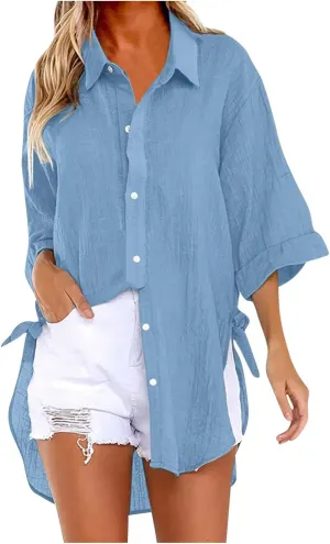 Womens Linen Button Down Shirts Business Casual Shirts Plus Size Lapel Collar Shirt Dressy Loose Fitting Tops Blouse