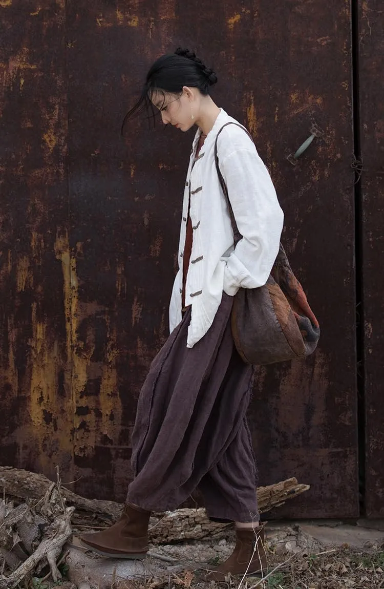 Women's Linen Button Down Shirts Vintage Chinese Ramie Blouse Loose Cotton Tunic Tops Hanfu Tai Chi T-Shirt