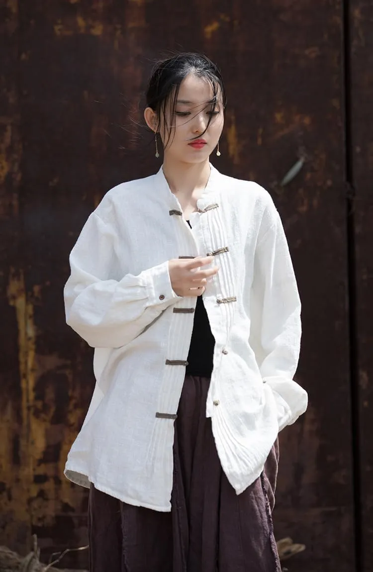 Women's Linen Button Down Shirts Vintage Chinese Ramie Blouse Loose Cotton Tunic Tops Hanfu Tai Chi T-Shirt