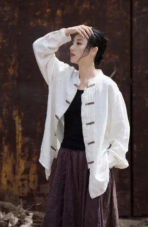 Women's Linen Button Down Shirts Vintage Chinese Ramie Blouse Loose Cotton Tunic Tops Hanfu Tai Chi T-Shirt