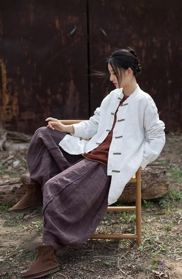 Women's Linen Button Down Shirts Vintage Chinese Ramie Blouse Loose Cotton Tunic Tops Hanfu Tai Chi T-Shirt