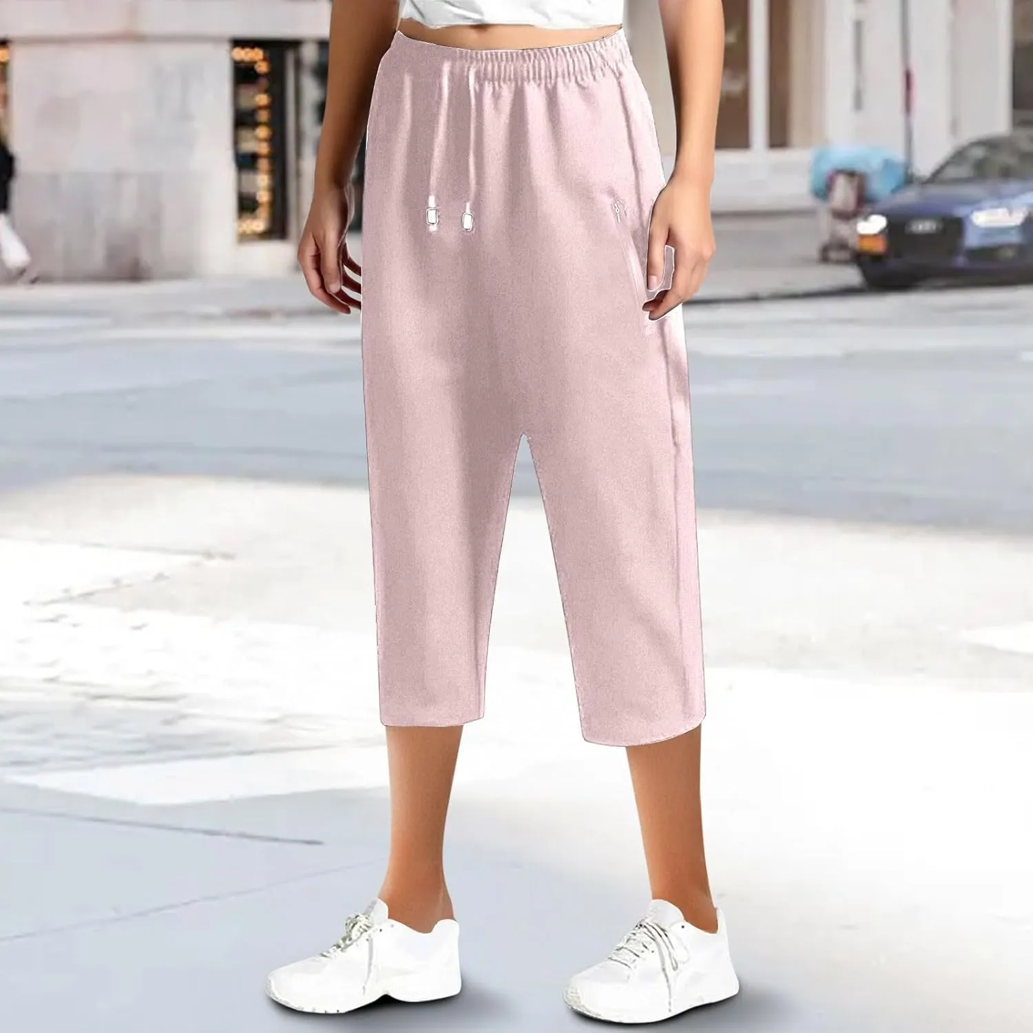 Women's Linen Capri Pants Petite Summer Elastic Waist Pants Cropped Trousers Lightweight Loose Beach Yoga Pants