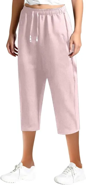 Women's Linen Capri Pants Petite Summer Elastic Waist Pants Cropped Trousers Lightweight Loose Beach Yoga Pants