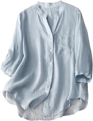 Womens Linen Long Sleeve Shirt Business Casual Tops for Summer Button Up Shirts Solid V Neck Shirts with Pocket