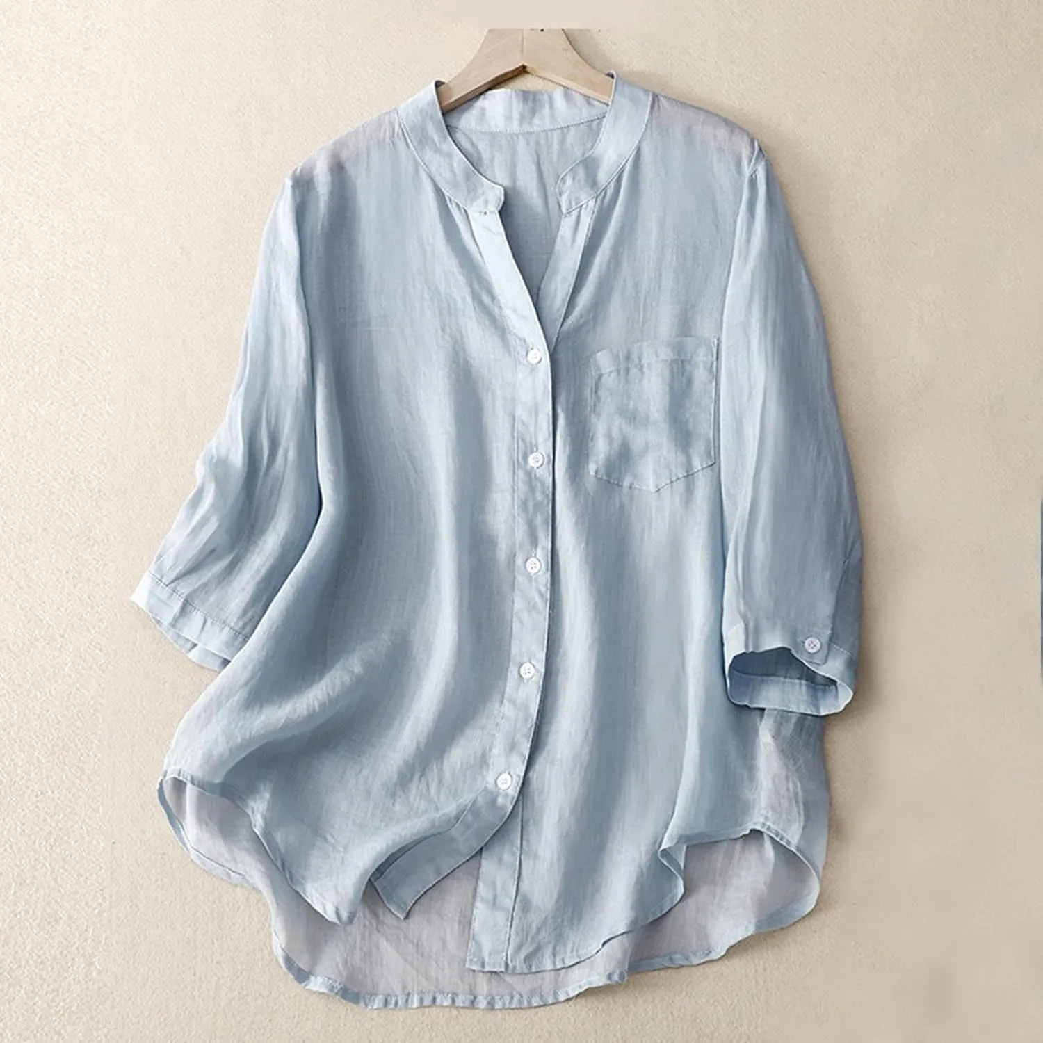 Womens Linen Long Sleeve Shirt Business Casual Tops for Summer Button Up Shirts Solid V Neck Shirts with Pocket