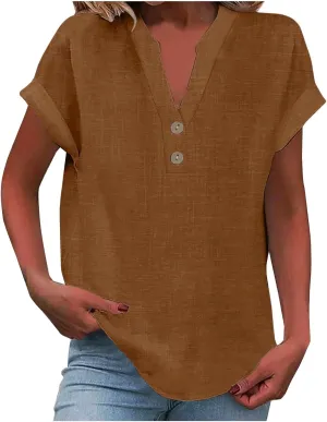Womens Linen Shirts Short Sleeve V Neck Henley Shirts Solid Hippie T Shirts Summer Casual Dressy Blouses Boho Tunics