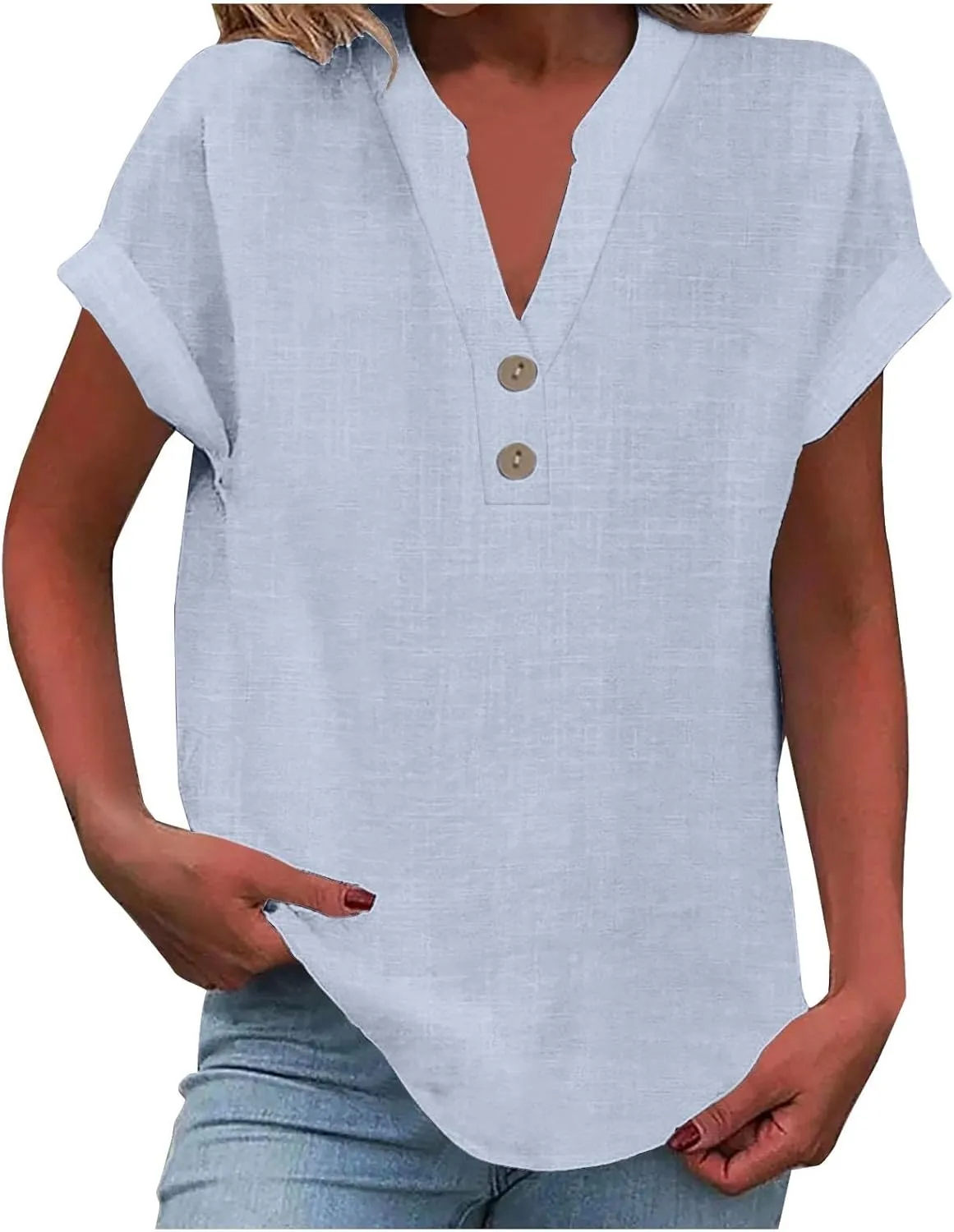 Womens Linen Shirts Short Sleeve V Neck Henley Shirts Solid Hippie T Shirts Summer Casual Dressy Blouses Boho Tunics