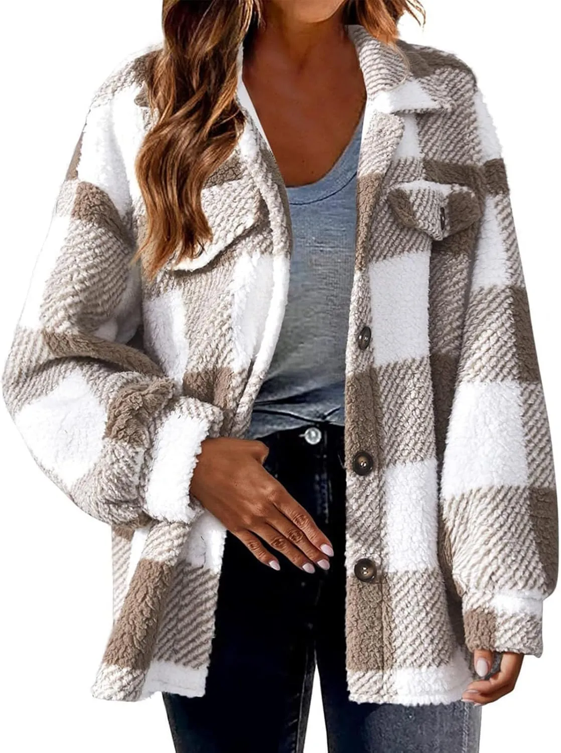 Womens Long Plaid Shacket Jacket Button Down Long Sleeve Lapel Collar Trench Coat Fashion Retro Loose Fit Outerwear