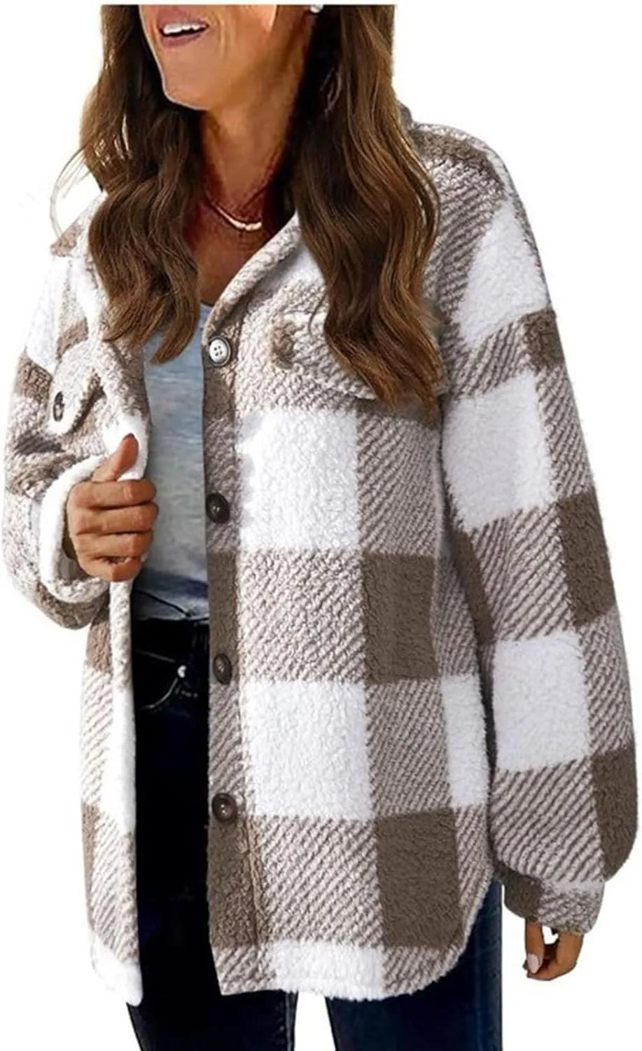 Womens Long Plaid Shacket Jacket Button Down Long Sleeve Lapel Collar Trench Coat Fashion Retro Loose Fit Outerwear
