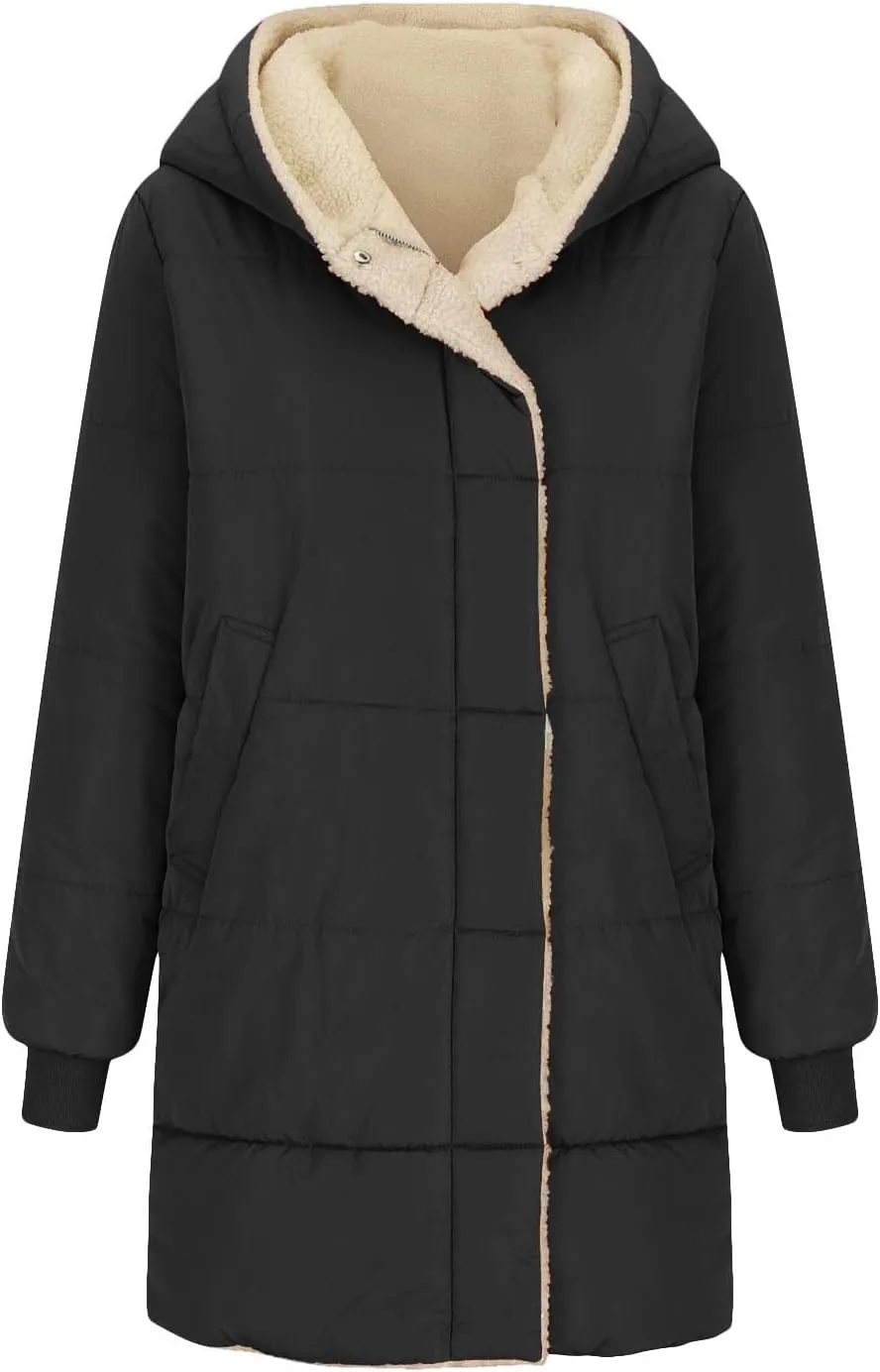 Womens Long Reversible Fleece Jacket Long Sleeve Jackets Zip Up Hoodie Warm Winter Coat Outerwear Sherpa Jackets