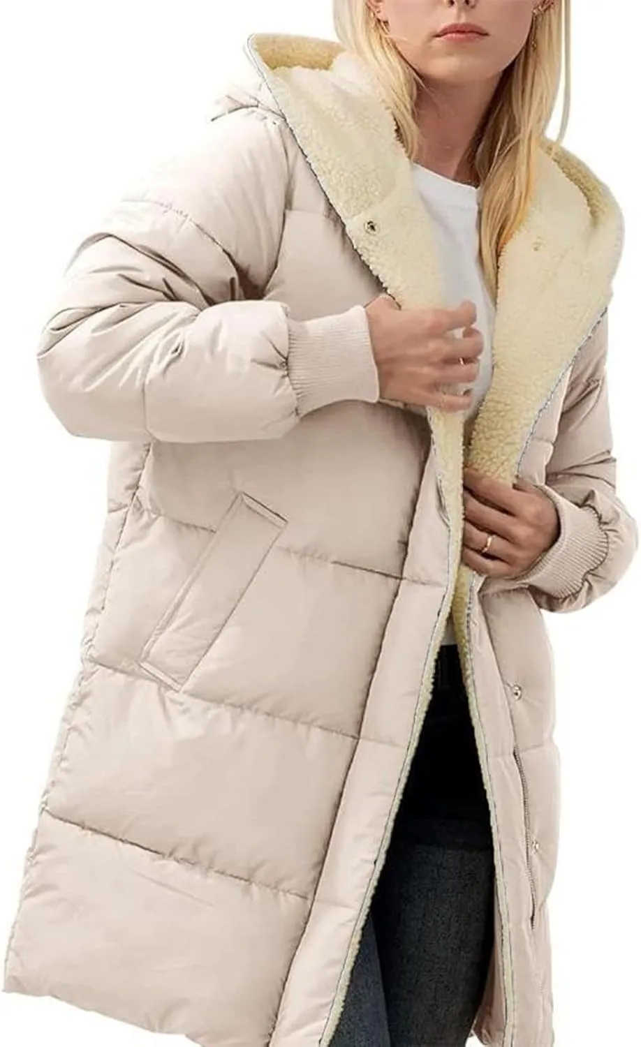 Womens Long Reversible Fleece Jacket Long Sleeve Jackets Zip Up Hoodie Warm Winter Coat Outerwear Sherpa Jackets