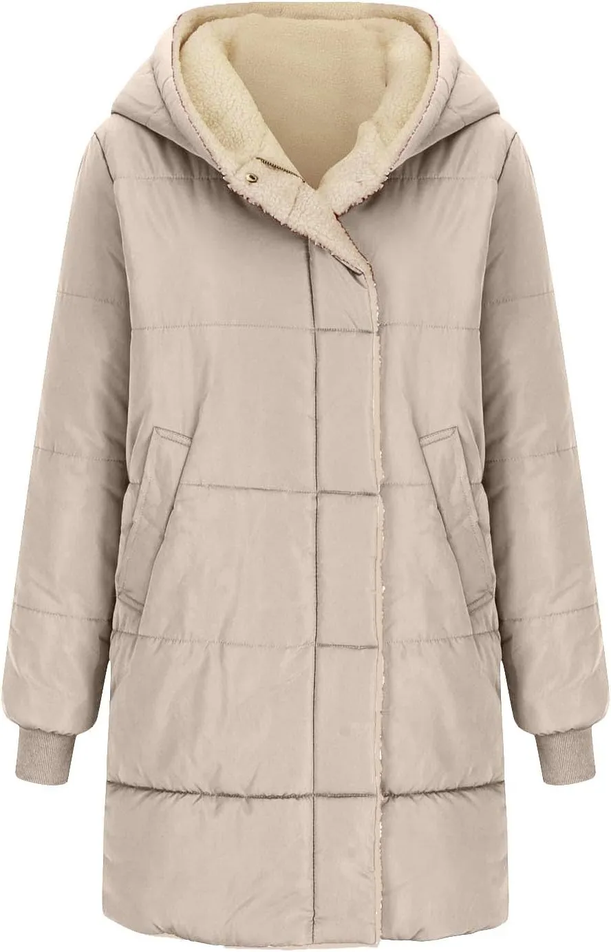 Womens Long Reversible Fleece Jacket Long Sleeve Jackets Zip Up Hoodie Warm Winter Coat Outerwear Sherpa Jackets