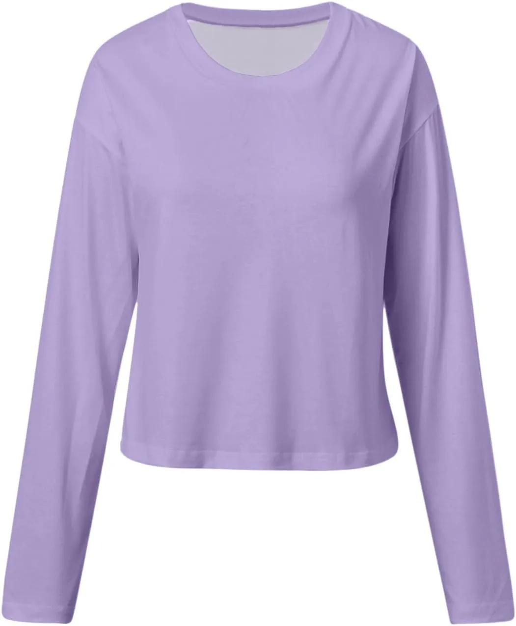 Womens Long Sleeve Cropped T-Shirts Round Neck Drop Shoulder Crop Sweatshirts Solid Casual Crop Tops Tees