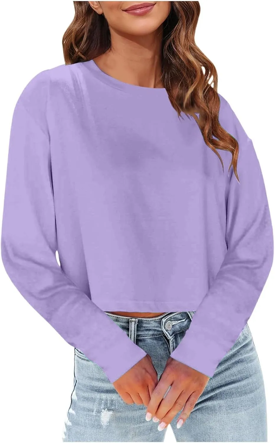 Womens Long Sleeve Cropped T-Shirts Round Neck Drop Shoulder Crop Sweatshirts Solid Casual Crop Tops Tees
