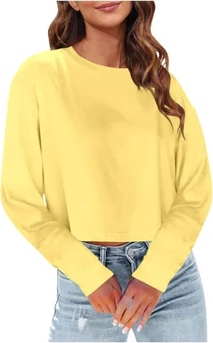 Womens Long Sleeve Cropped T-Shirts Round Neck Drop Shoulder Crop Sweatshirts Solid Casual Crop Tops Tees