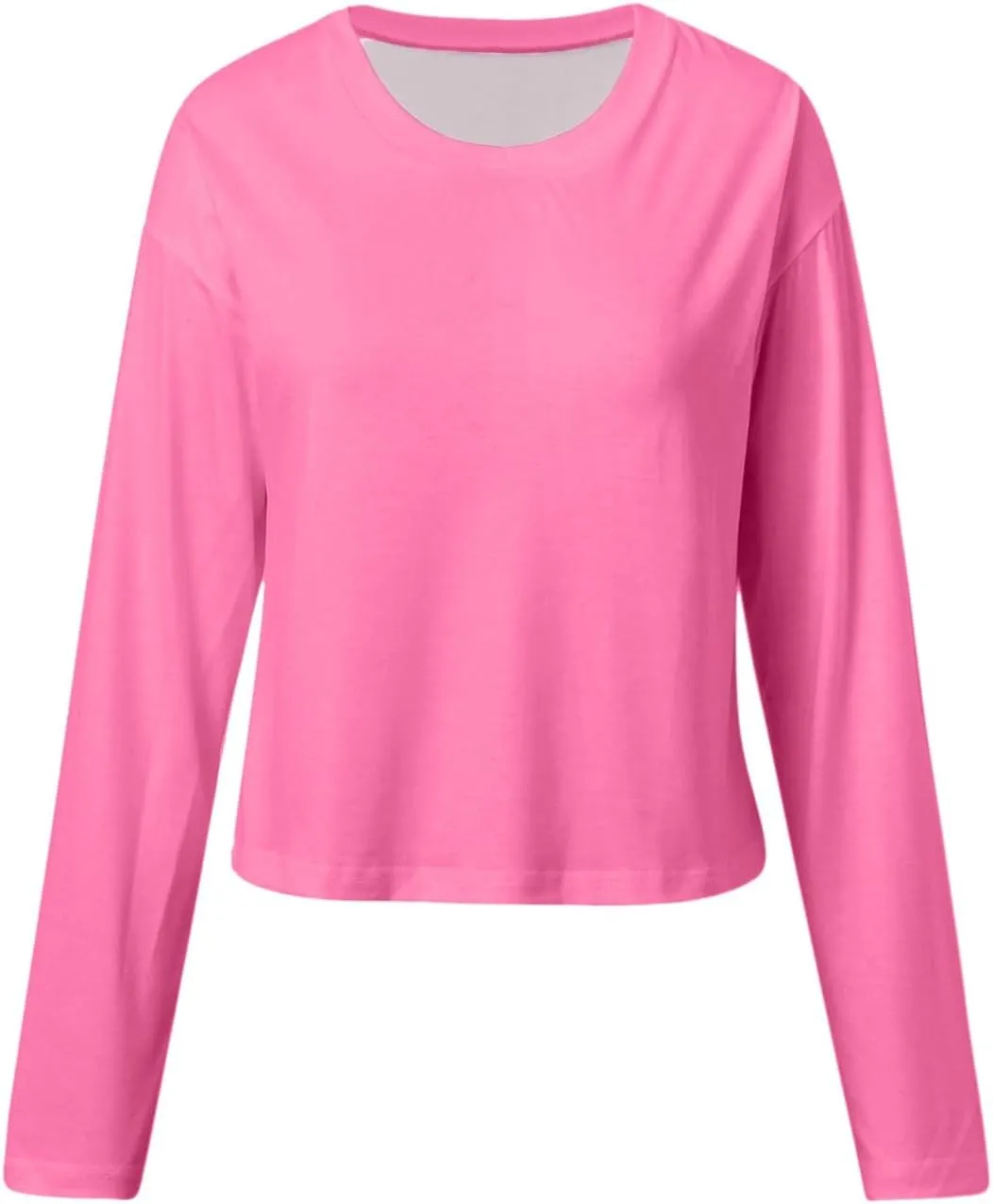 Womens Long Sleeve Cropped T-Shirts Round Neck Drop Shoulder Crop Sweatshirts Solid Casual Crop Tops Tees