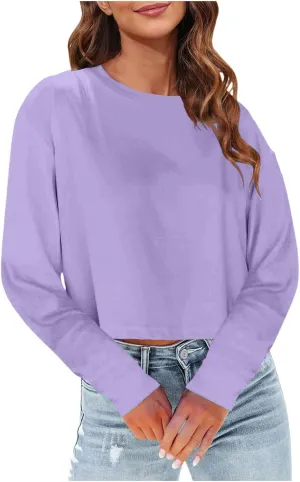 Womens Long Sleeve Cropped T-Shirts Round Neck Drop Shoulder Crop Sweatshirts Solid Casual Crop Tops Tees