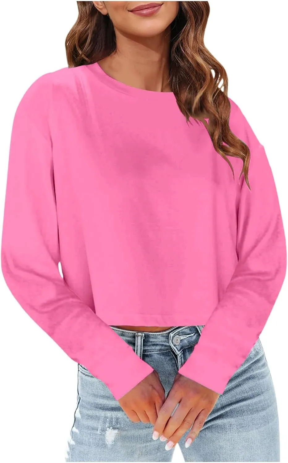 Womens Long Sleeve Cropped T-Shirts Round Neck Drop Shoulder Crop Sweatshirts Solid Casual Crop Tops Tees