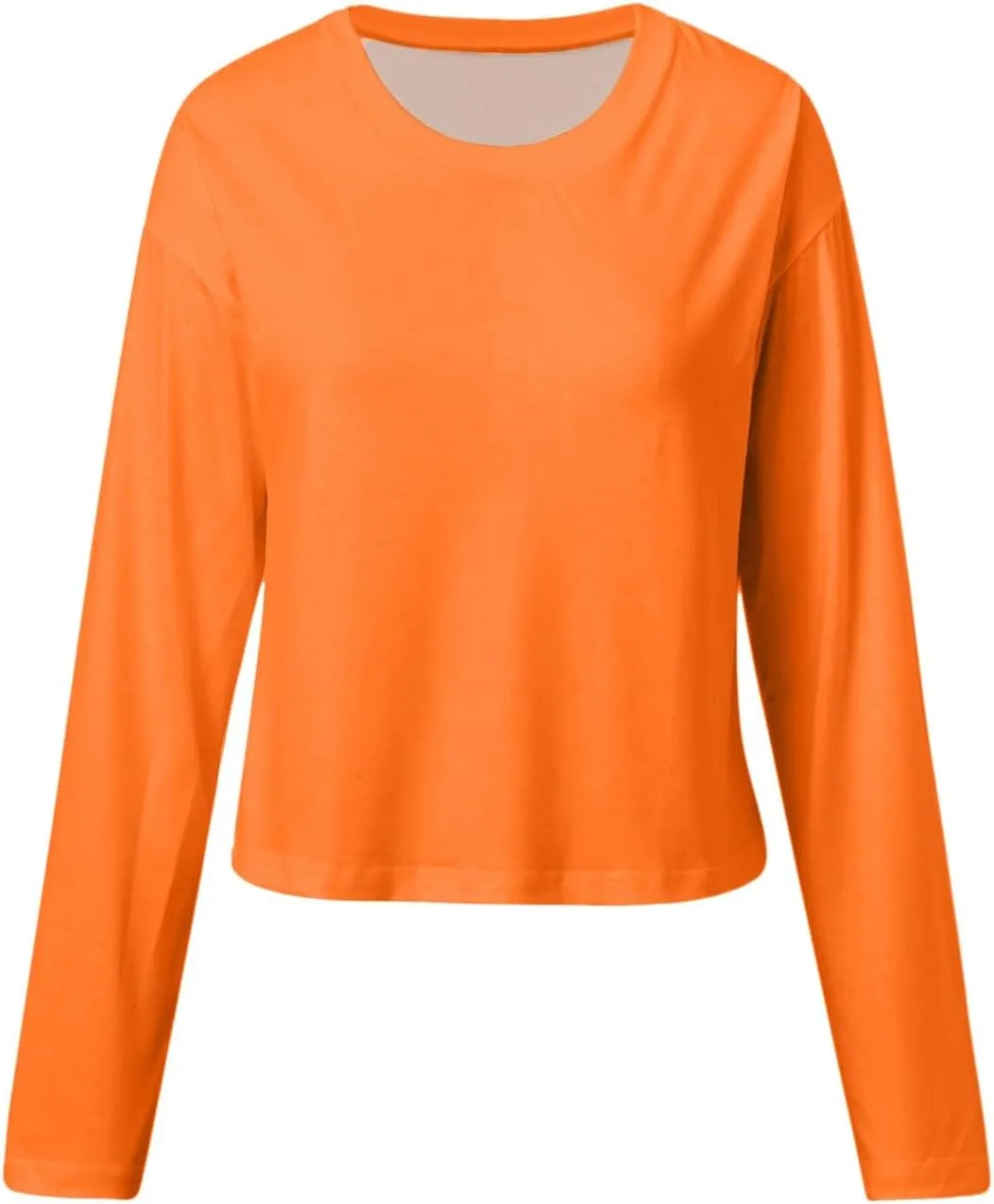 Womens Long Sleeve Cropped T-Shirts Round Neck Drop Shoulder Crop Sweatshirts Solid Casual Crop Tops Tees
